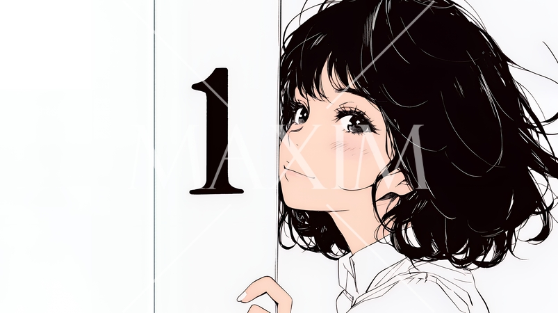 数字の「1」を掲げている若い女性（シンプルな色使い）