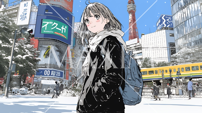 雪の積もる冬の都会を散策している若生女性
