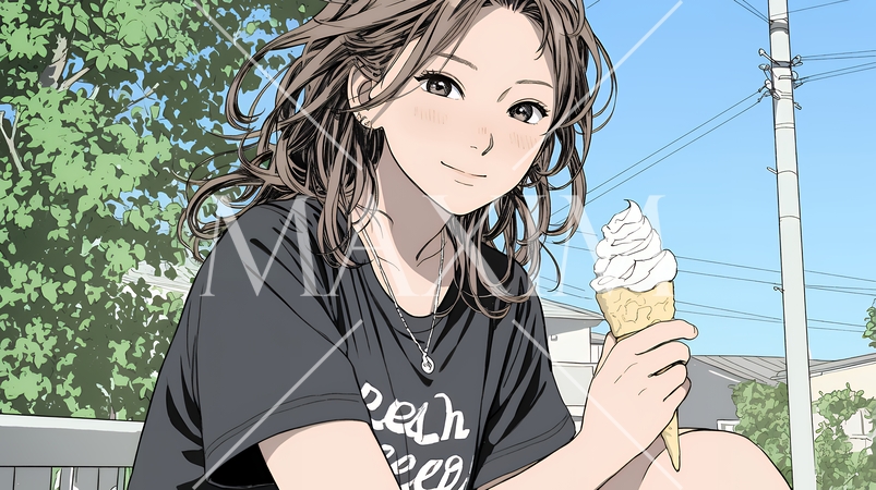 夏空の下でソフトクリーム（コーンに乗ったアイスクリーム）をたべる若い女性