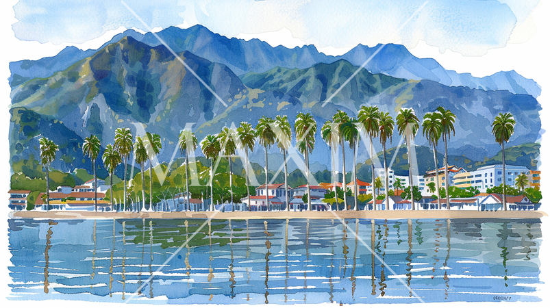 海岸に椰子の木のある南国の町の水彩画