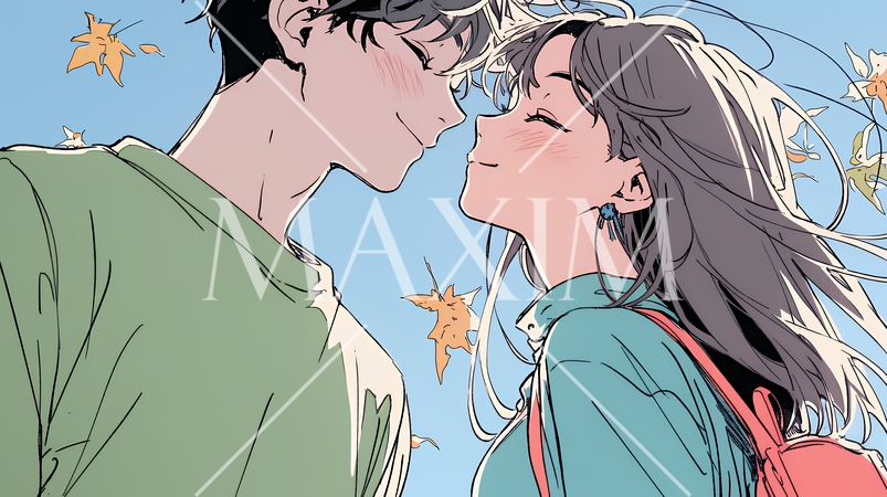 秋の紅葉の下でキスをしている若い恋人たち