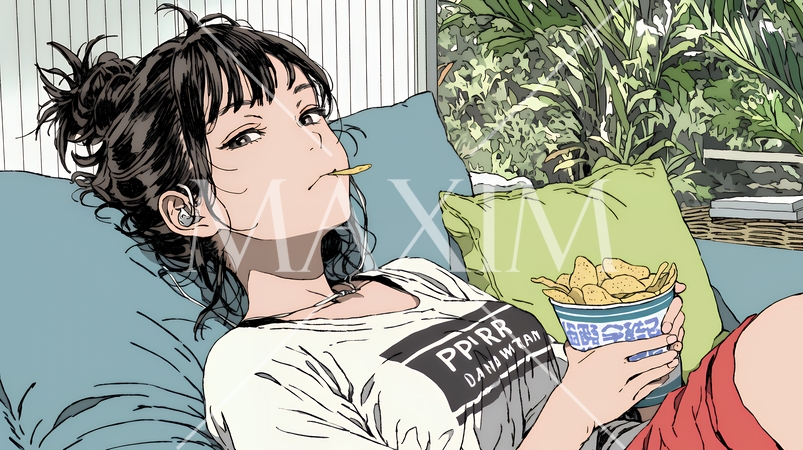 ポテトチップスをつまみながら、ひとりでビデオを観る若い女性