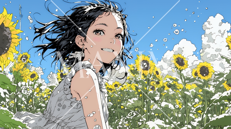 夏の晴天の日、ひまわりの畑を散策している黒髪の若い女性