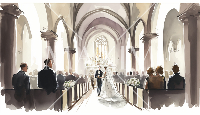 教会での結婚式の水彩画