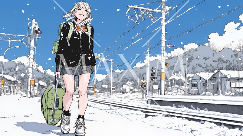 雪の日に通学する女子高生