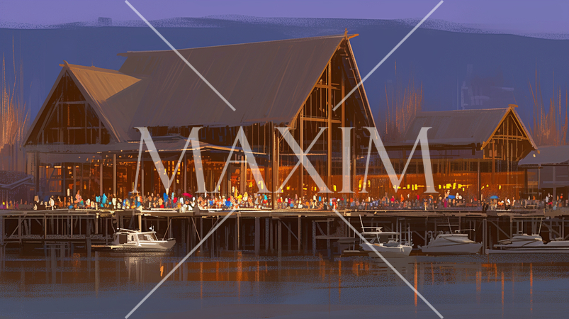 夏の夕方のヨットハーバーのレストラン