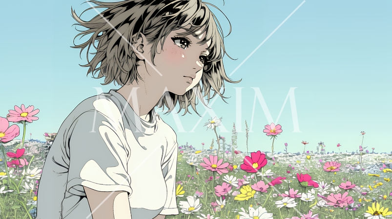 コスモス畑にいる若い女性