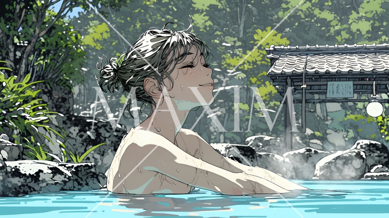 露天風呂に浸かっている若い女性