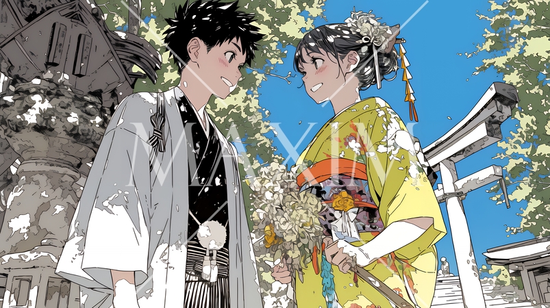 初詣をしている若い恋人カップル