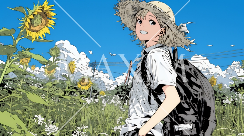 真夏の青空のもと、ヒマワリ畑を散策している若い女性