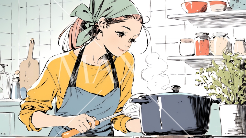 なれない料理に奮闘中の若い女性