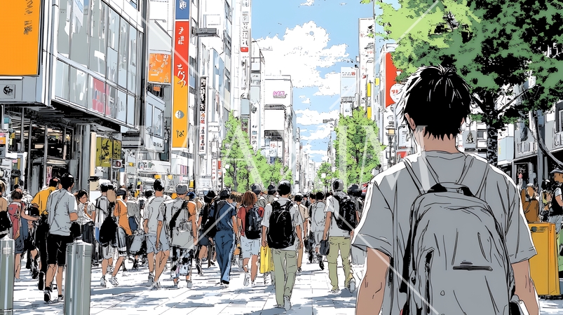 晴れた日に東京の商店街を歩く