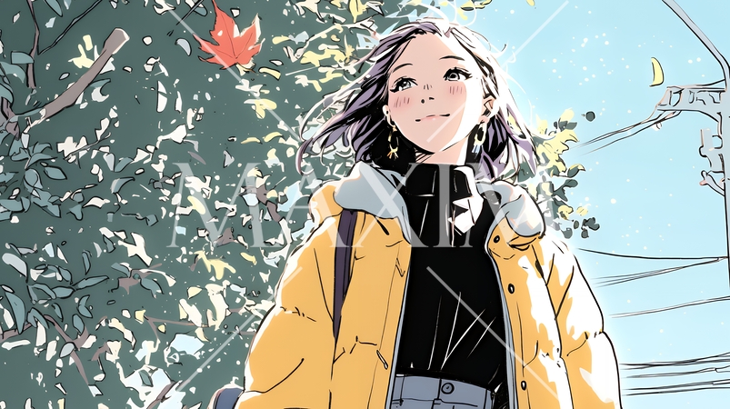 紅葉の秋の公園を歩く若い女性