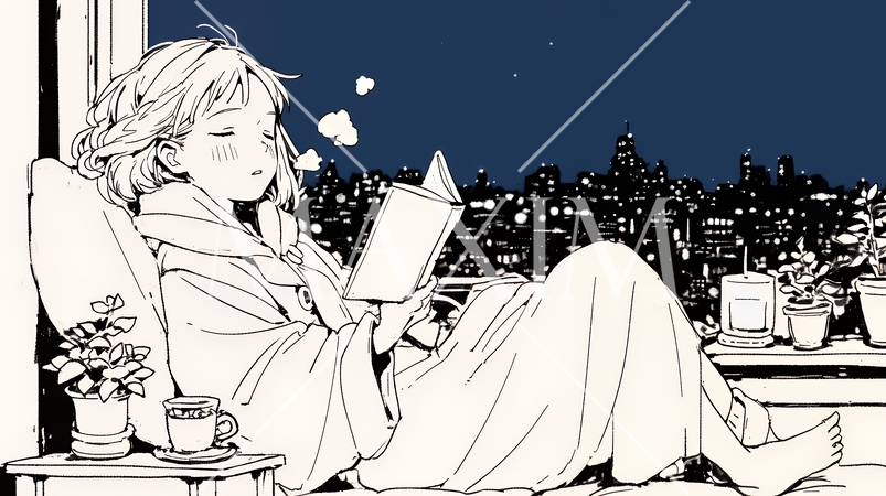 資料（本）を読みながら、うとうと眠ってしまう若い女性（シンプルな色使い）