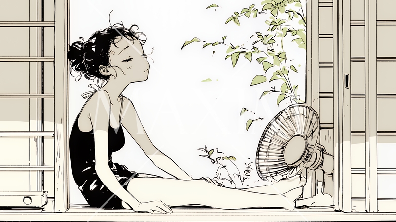 暑い夏の昼下がり、扇風機にあたって涼んでいる若い女性（シンプルな色使い）