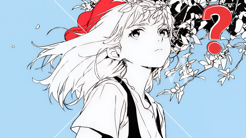 クエスチョンマークのある場面：頭の中にクエスチョンマークが生まれている（シンプルな色使い）