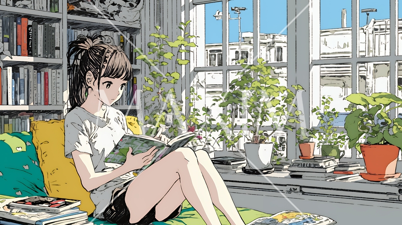 読書の秋：リビングルームで本を読んでいる若い女性