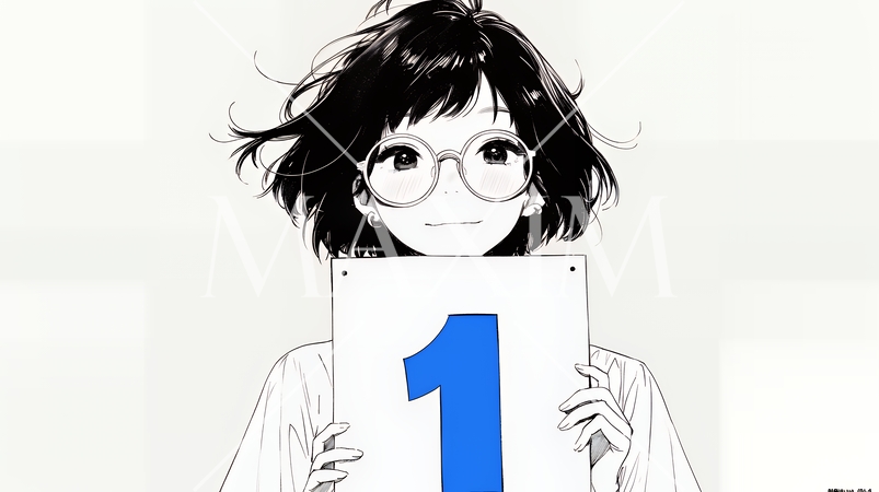 数字の「1」を掲げている若い女性（シンプルな色使い）
