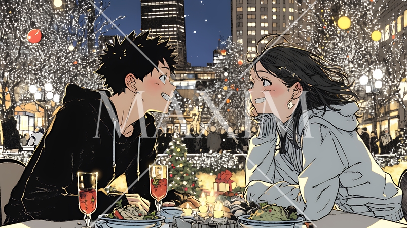 クリスマスディナーを楽しんでいる若いカップル