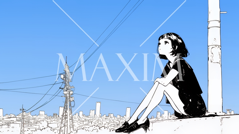 若い女性が佇む都市の街角（シンプルな色使い）