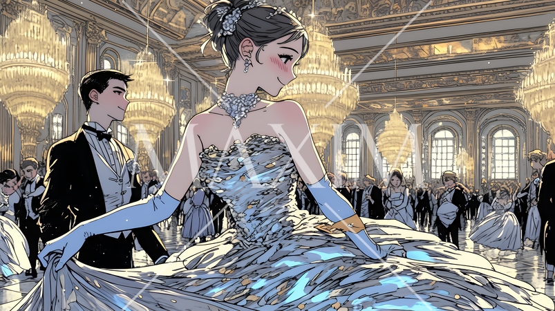 「社交ダンス（ボールルームダンス）パーティに参加している若い女性」のイラストに適する日本語の単語の羅