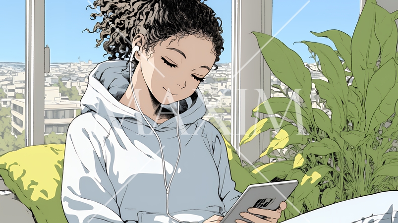 楽しそうにスマホ画面を眺めている若い女性