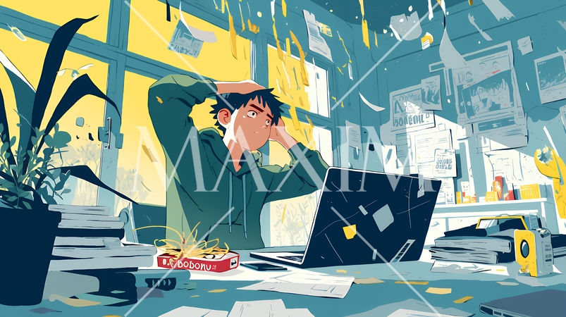 経済的に追い詰められ、部屋で悩む男性