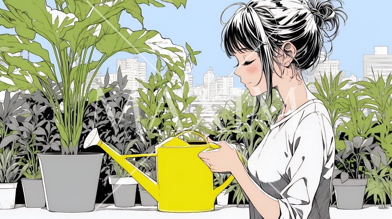 観葉植物の世話をする若い女性