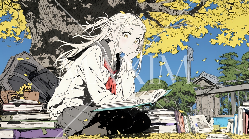 読書の秋：紅葉の木の下で本を読んでいる若い女性