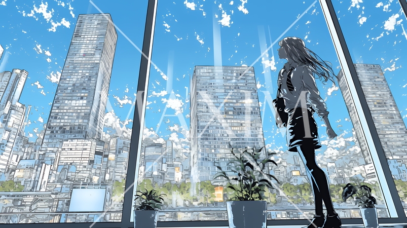 高層ビル群を見下ろすキャリア女性