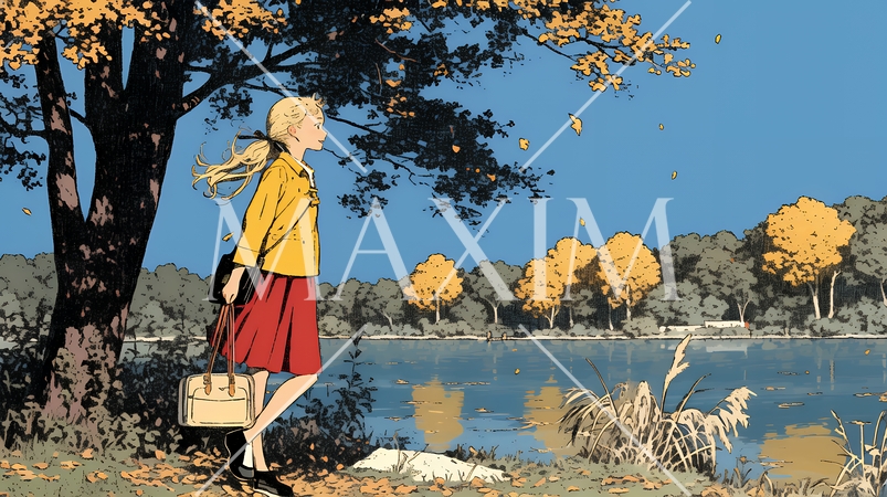 水辺の紅葉の小径を散策している若い女性