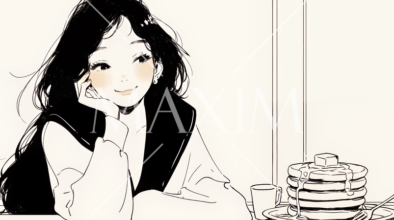 早朝のダイナー（喫茶店）でパンケーキ（モーニングセット）を食べる若い女性（シンプルな色使い）