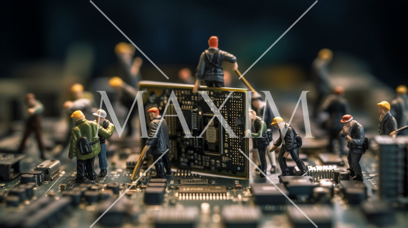 PCの基板の上で一生懸命働いている小人たち