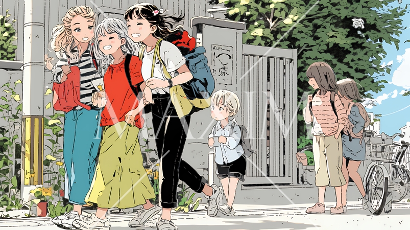 道端で会話を楽しむ若い主婦たち（ママ友たち）