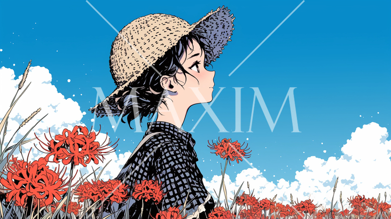 彼岸花がたくさん咲く小道を歩く若い女性