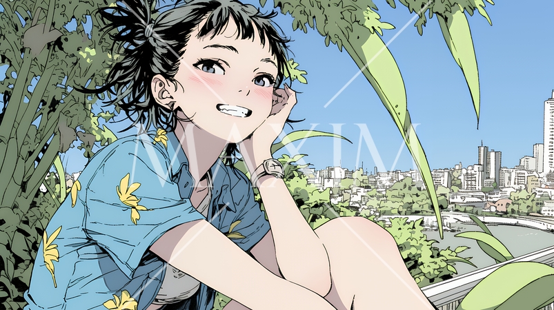 沖縄のかりゆしファッションを着て笑顔いっぱいの若い女性