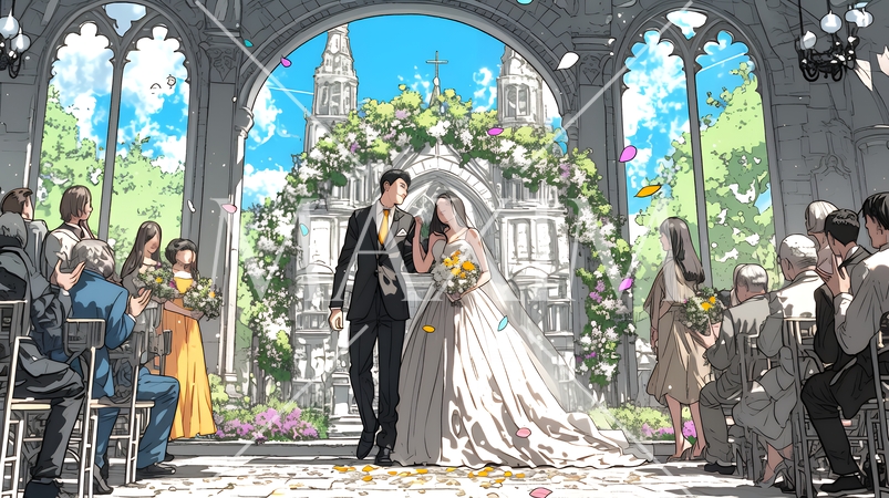 晴天の日のウェディングベルの鳴り響く中の結婚式