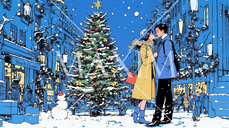 クリスマスイルミネーションの街でデートしているカップル