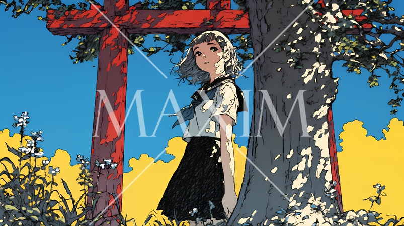 秋の景色：山の紅葉と朱い鳥居と女子高生