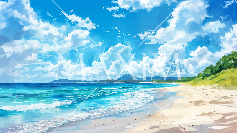 南国の島の浜辺と青い空のイラスト