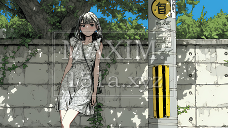 夏の昼下がり、白いドレスを着て街歩きをしている若い女性（イラストID:9717575-18012）