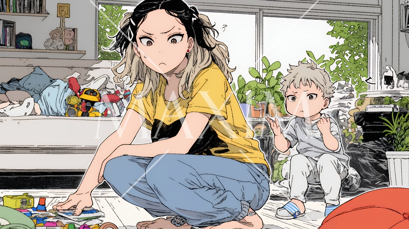 家の中で子どもと遊んでいる若い母親