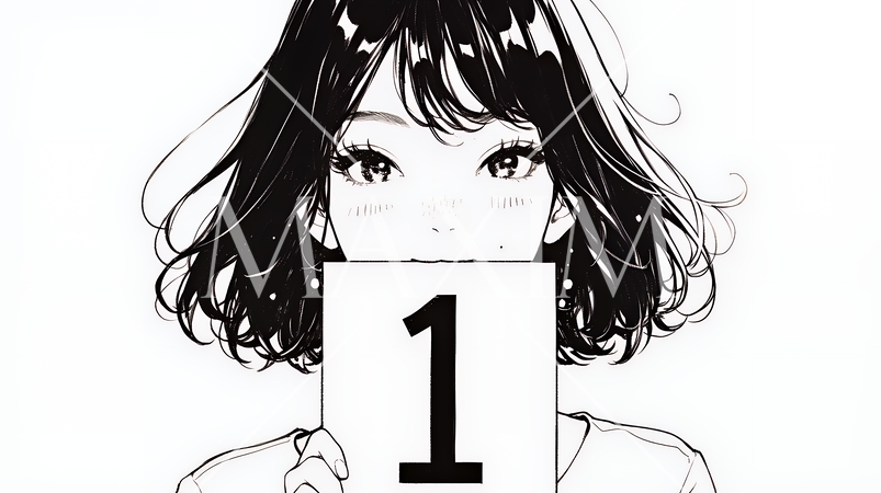 数字の「1」を掲げている若い女性（シンプルな色使い）