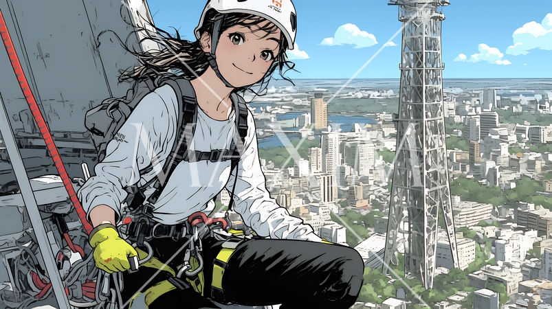 高所で作業をしている女性作業員