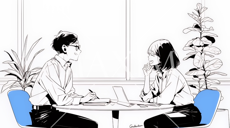 二人でミーティング（面談・インタビュー・会議）の場面（シンプルな色使い）