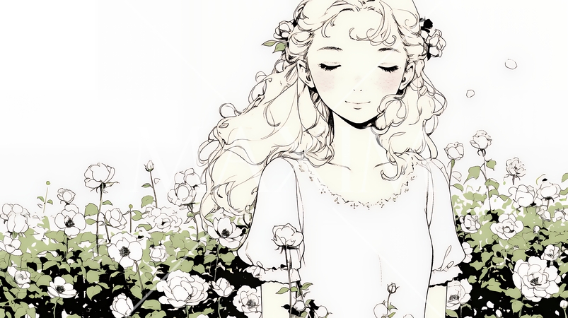 バラ園を散策している若い女性（シンプルな色使い）