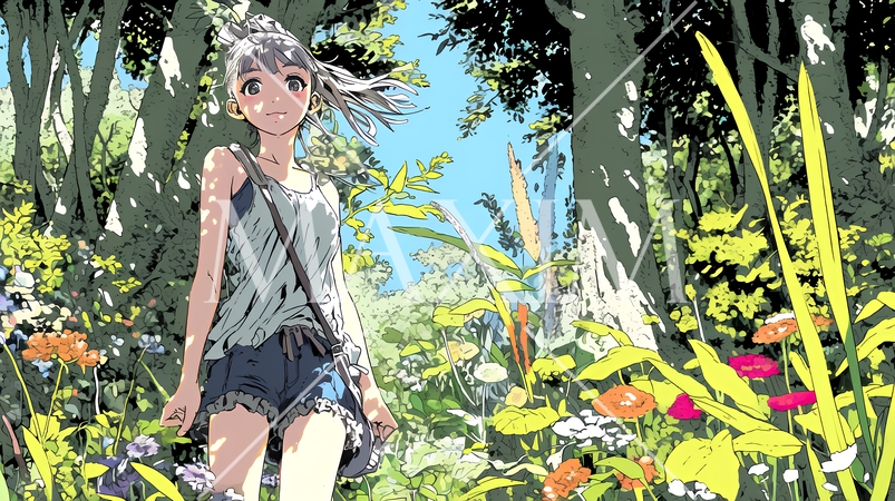 山原を一人で散策している若い女性