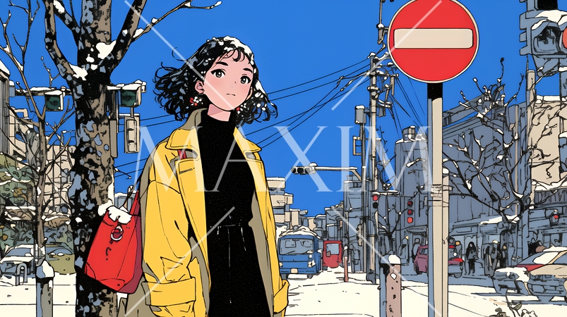 冬枯れの街を歩く若い女性