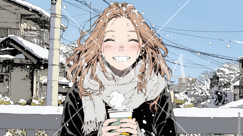 寒い冬、温かい飲み物を手にして、ふっと幸せそうに微笑む若い女性