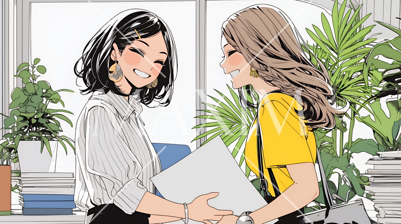 同僚に軽く挨拶をしている若いビジネスウーマン